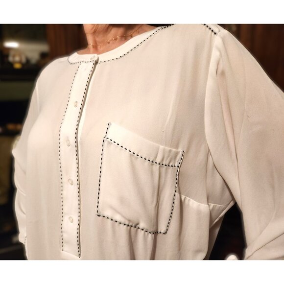 Lane Bryant Lng Slv Chiffon Blouse Pocket White w/ Black Whip Stitching Sz 18/20 - Picture 4 of 12